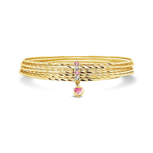 14K Yellow Gold Semanario Textured Pink CZ Heart Charm Bangle