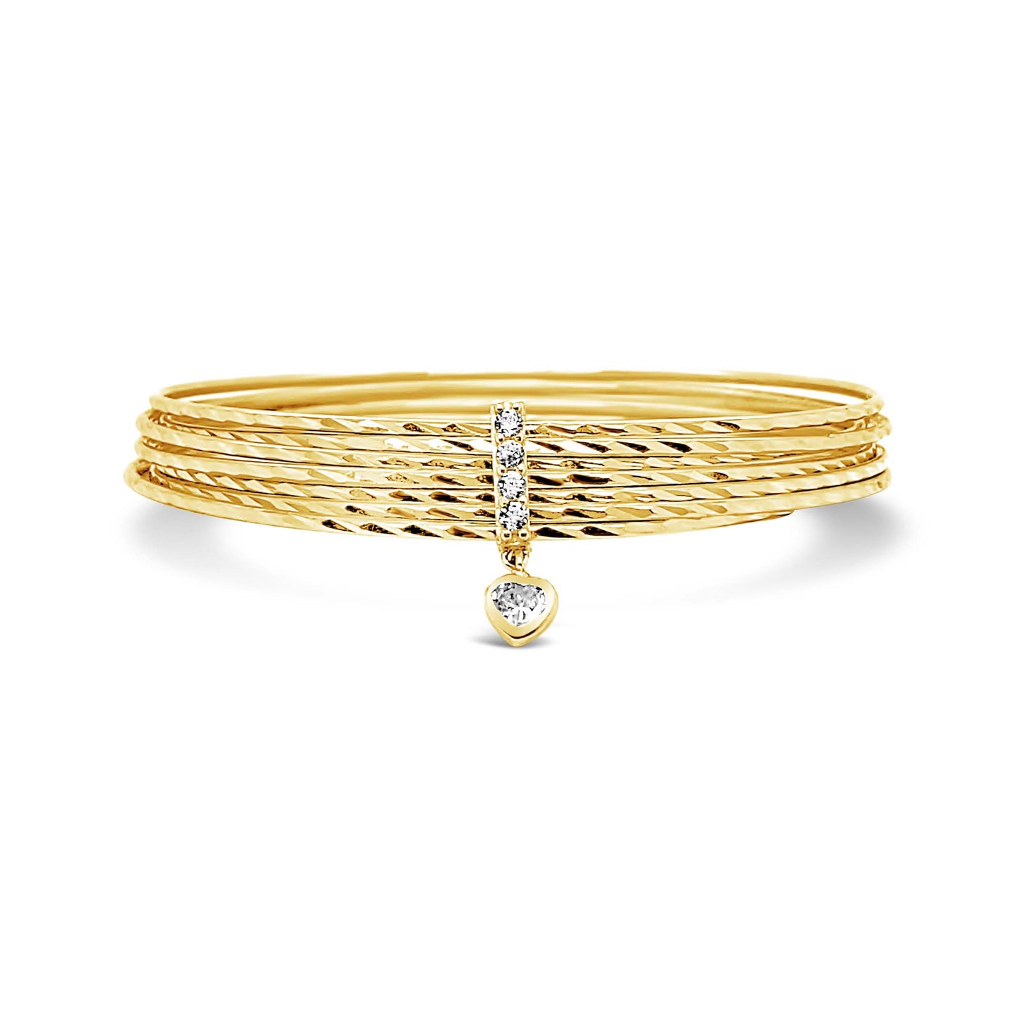 14K Yellow Gold Semanario Textured White CZ Heart Charm Bangle
