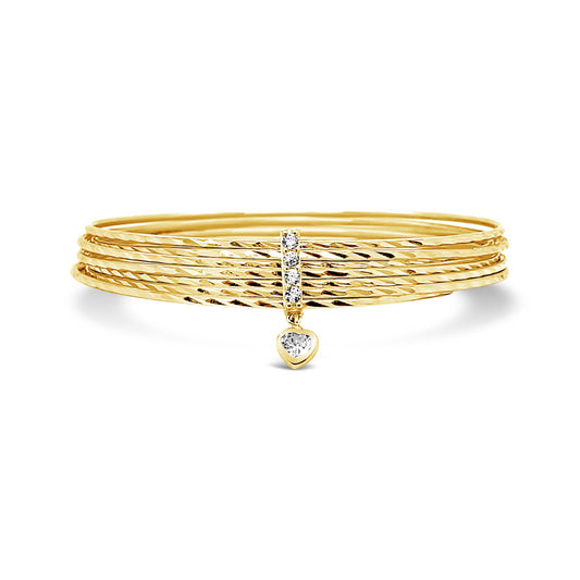 14K Yellow Gold Semanario Textured White CZ Heart Charm Bangle