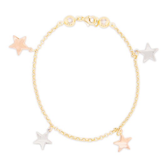 14k Tri Color Gold Dangling Stars Bracelet
