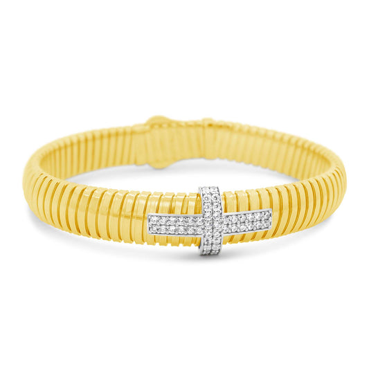 14K Two-Tone Gold Tubogas Cross CZ Bangle