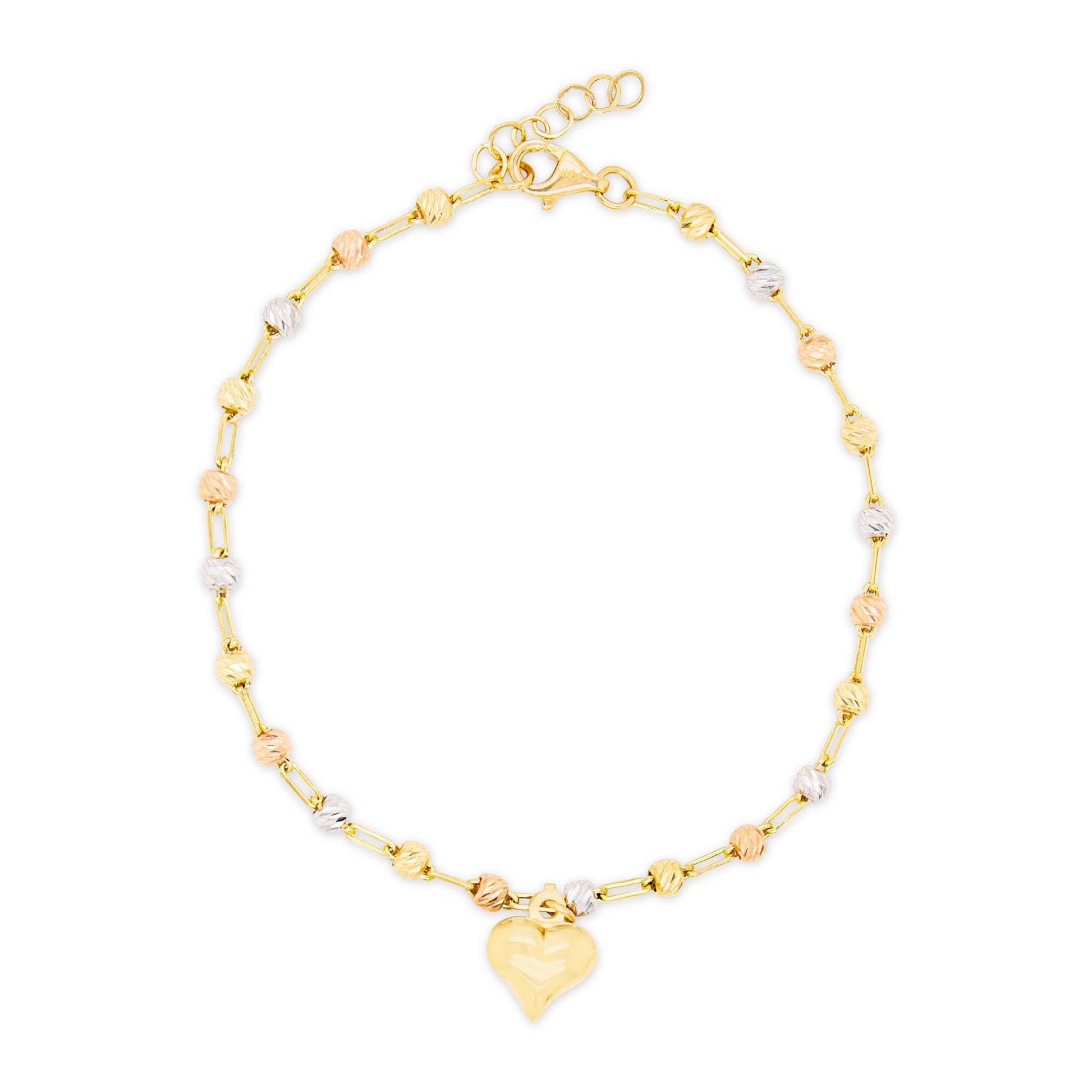 14k Tri Color Gold Beads and Single Heart Bracelet