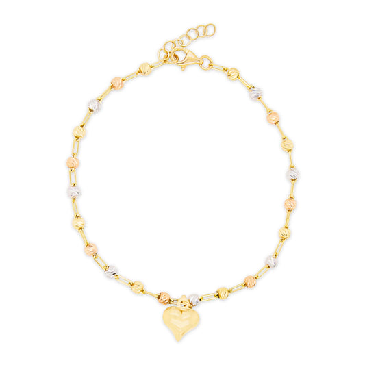 14k Tri Color Gold Beads and Single Heart Bracelet