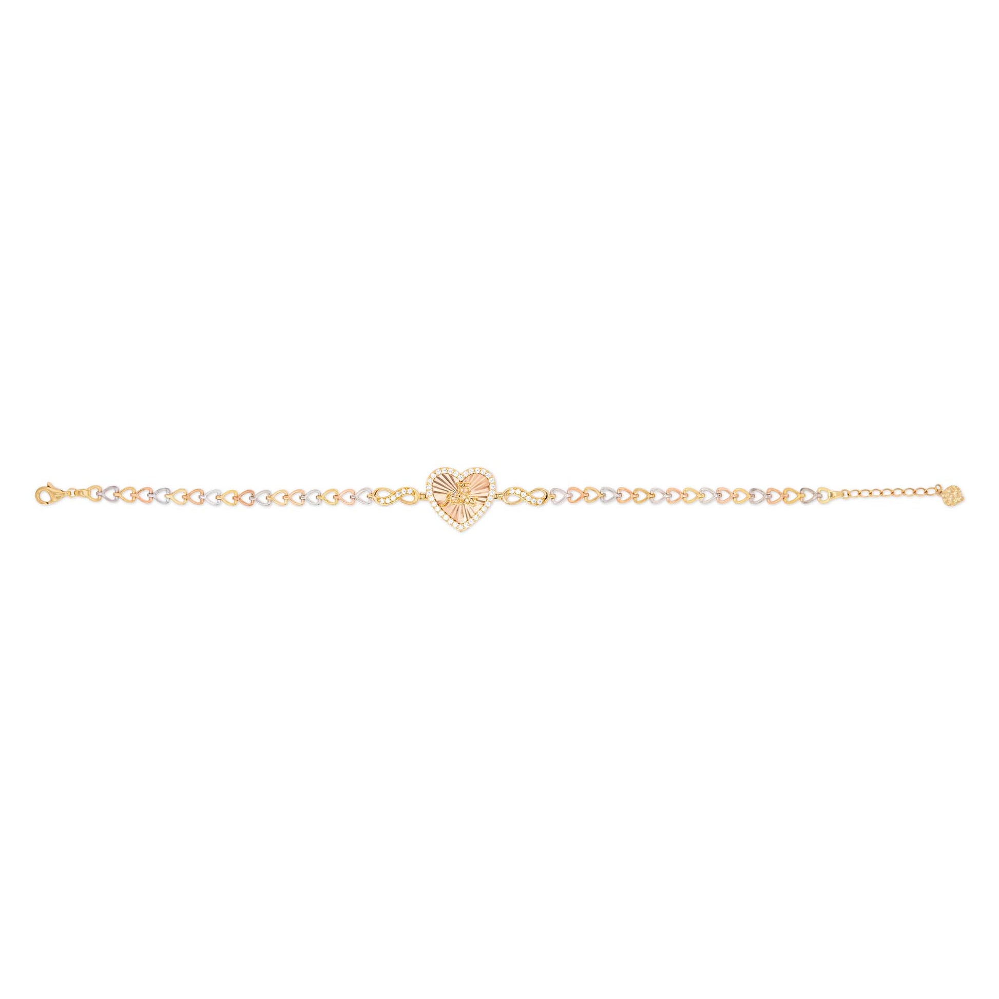 14k Tri Color Gold Infinity and Heart 15 Años Bracelet