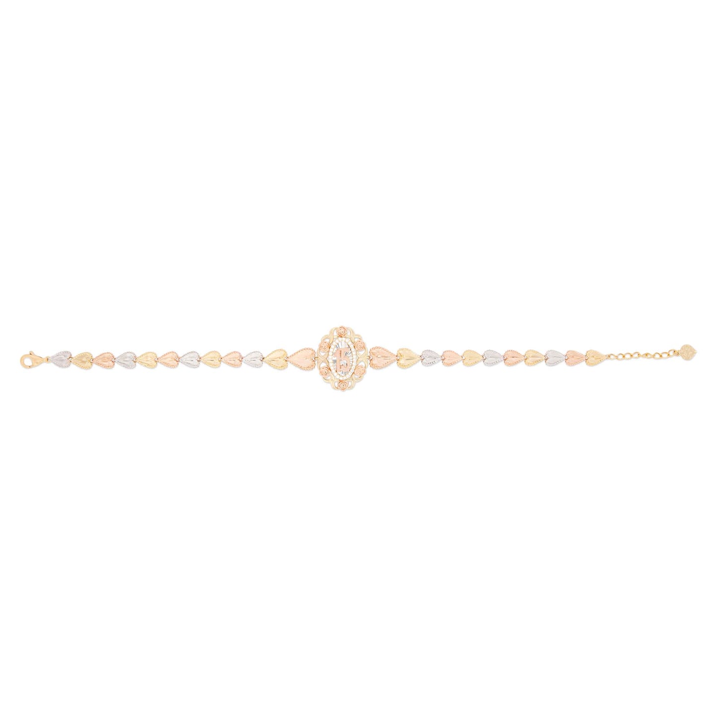 14k Tri Color Gold Medium Oval Flowered 15 años Bracelet