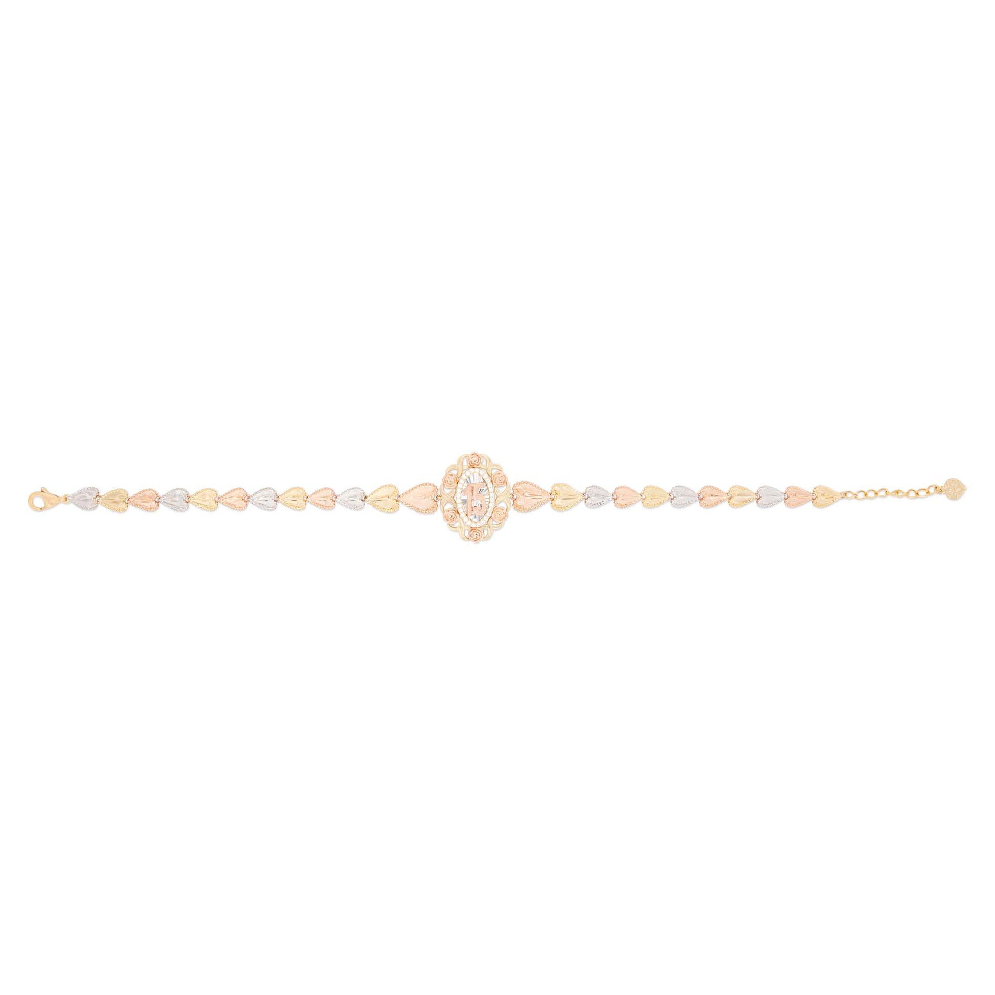 14k Tri Color Gold Medium Oval Flowered 15 años Bracelet