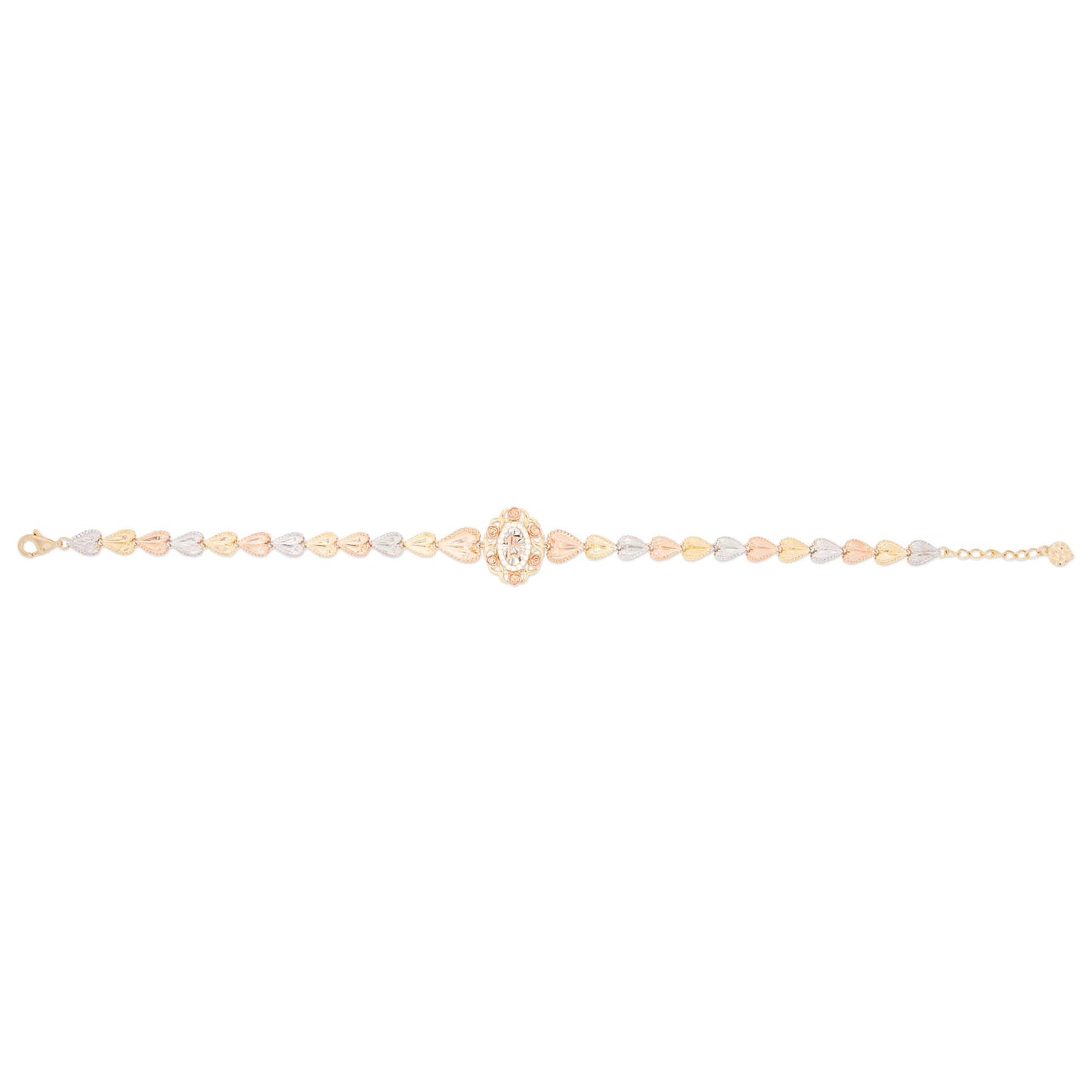 14k Tri Color Gold Small Oval Flowered 15 años Bracelet