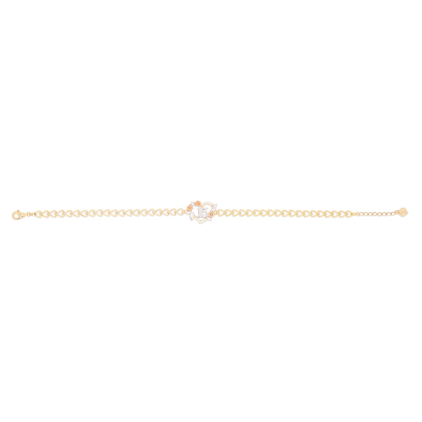 14k Tri Color Gold Tiny Heart Floral 15 Años Bracelet