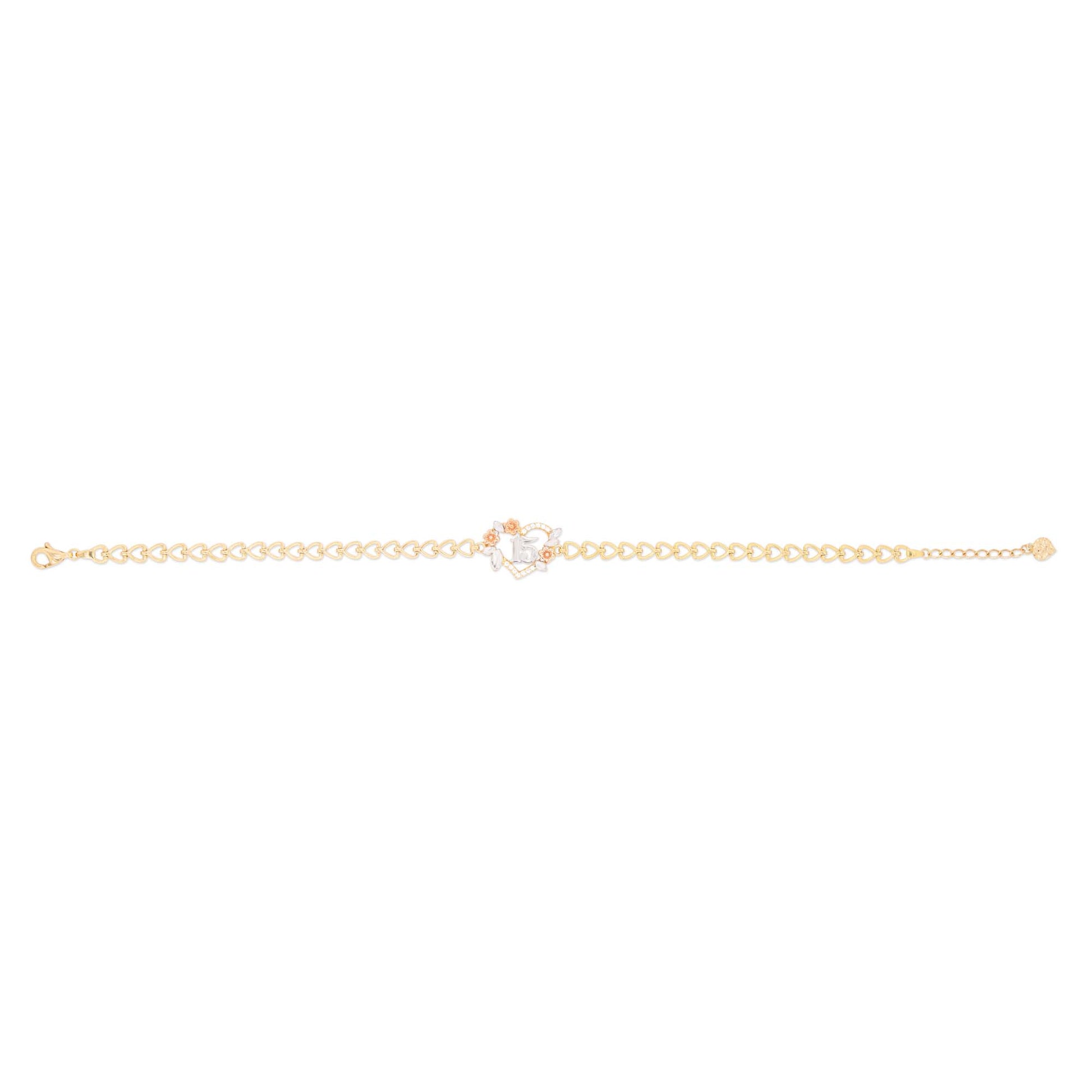 14k Tri Color Gold Tiny Heart Floral 15 Años Bracelet