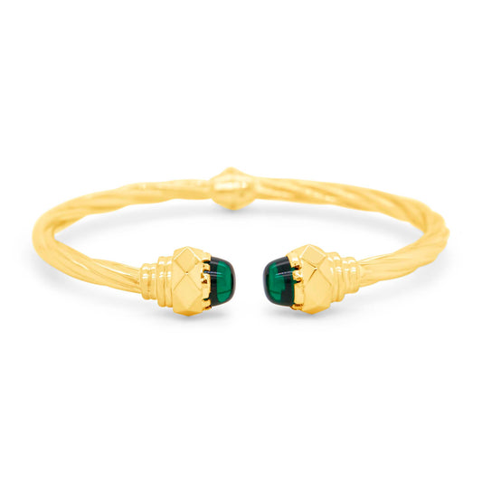 14K Yellow Gold Twisted Open Cuff Green CZ Bangle