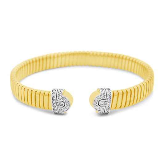 14K Two-Tone Tubogas CZ Ends Open Cuff Bangle