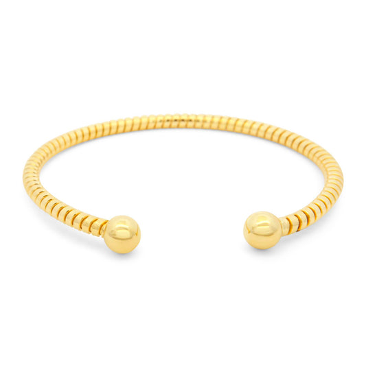 14K Yellow Gold Ribbed Ball Open Cuff Bangle