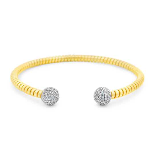 14K Yellow Gold Ribbed CZ Ball Open Cuff Bangle