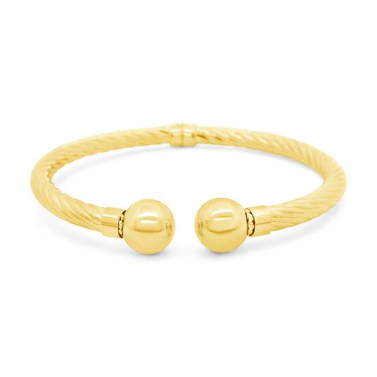 14K Yellow Gold Twisted Ball End Open Cuff Bangle