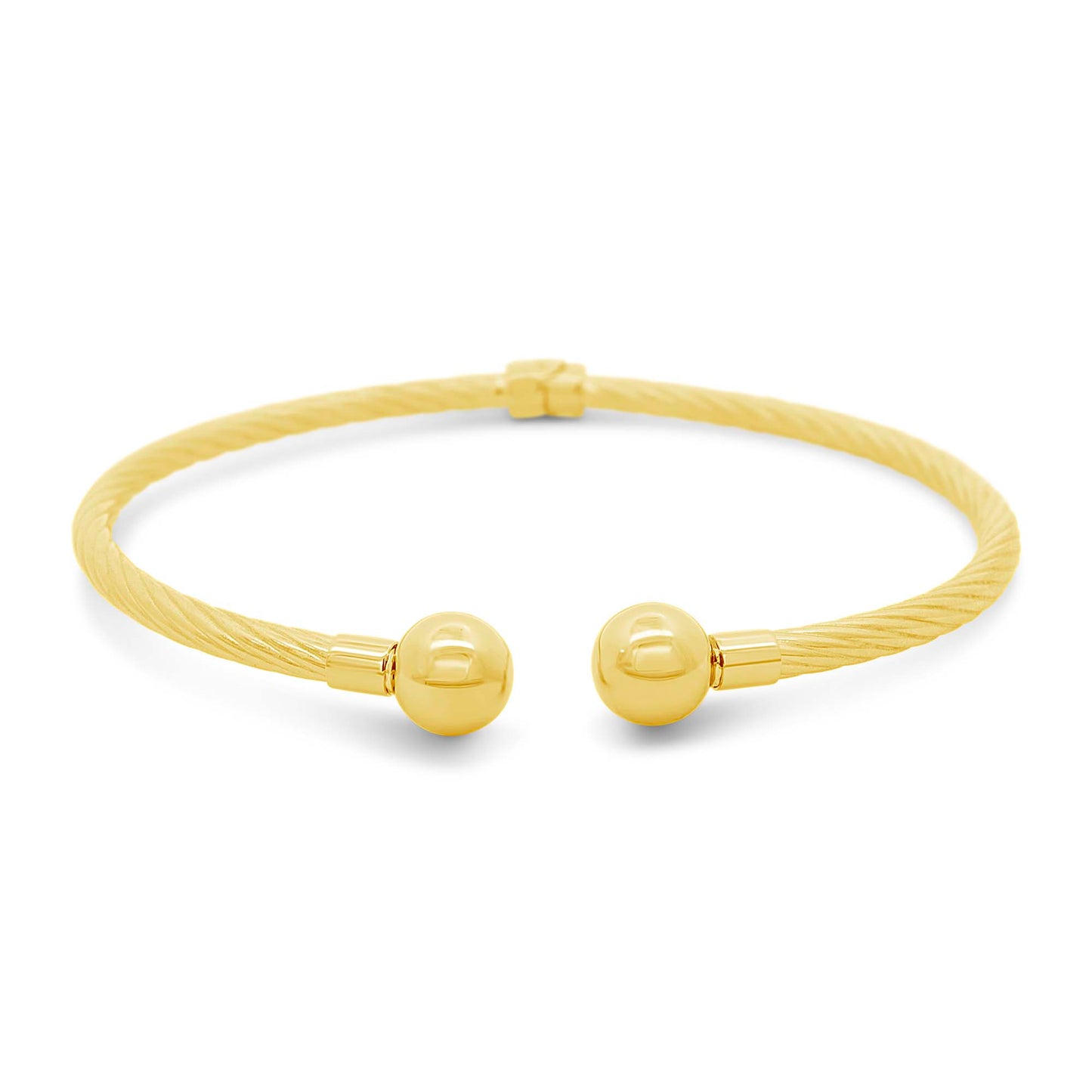 14K Yellow Gold Thin Twisted Ball End Open Cuff Bangle