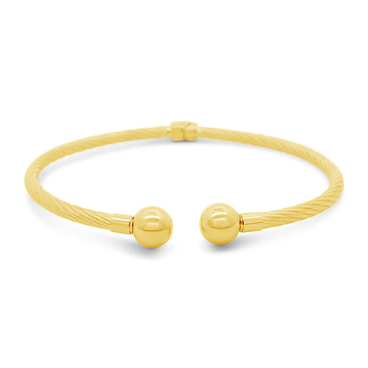 14K Yellow Gold Thin Twisted Ball End Open Cuff Bangle