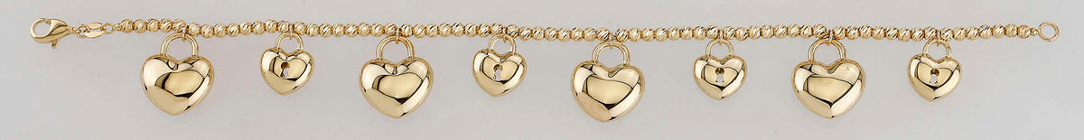 14K Yellow Gold Heart Padlock Charm Bead Chain Bracelet