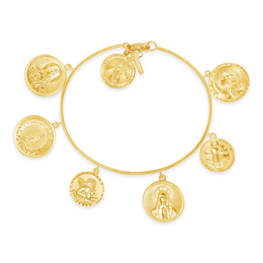14K Yellow Gold Religious Medallion Charm Bangle