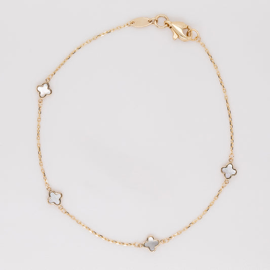 14K Yellow Gold Mother of Pearl Clover Station Cable Chain Bracelet