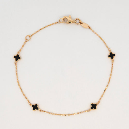 14K Yellow Gold Black Onyx Clover Station Cable Chain Bracelet