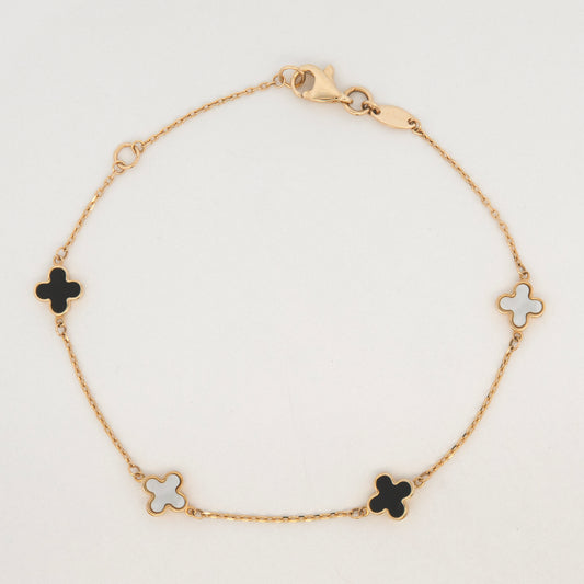 14K Yellow Gold Onyx and Mother of Pearl Clover Station Bracelet