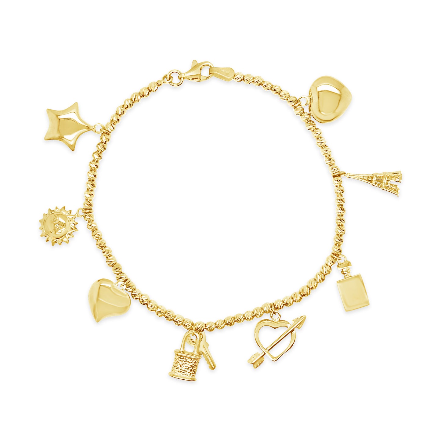 14K Yellow Gold Multi-Charm Diamond-Cut Bead Bracelet