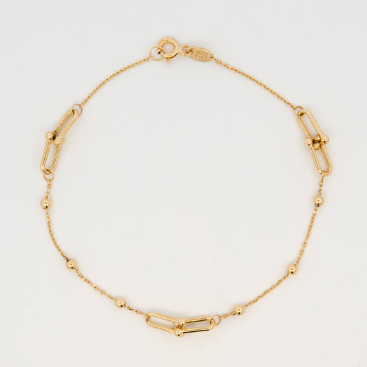 14K Yellow Gold U-Link and Polished Bead Station Bracelet