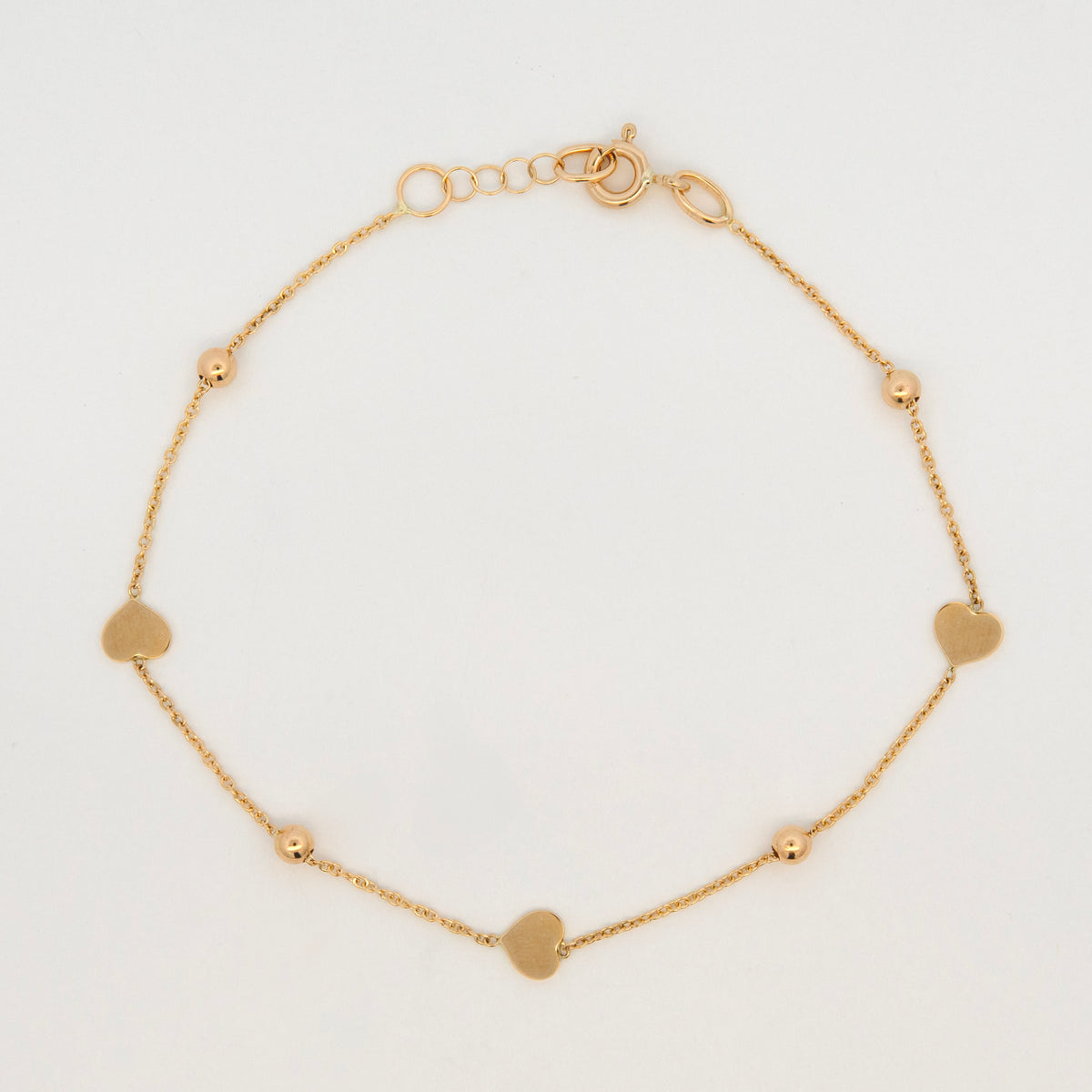14K Yellow Gold Polished Heart and Bead Station Bracelet