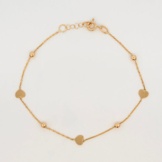 14K Yellow Gold Polished Heart and Bead Station Bracelet