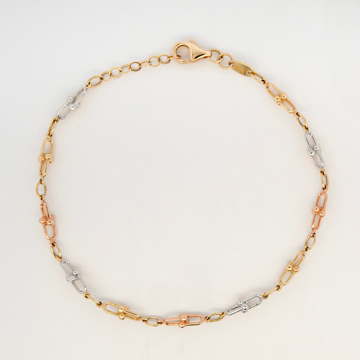 14K Tri-Color Gold Polished U-Link Bracelet with Adjustable Extension