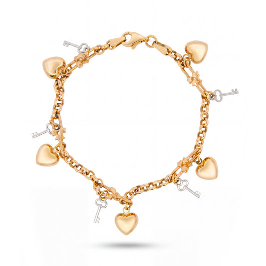 14K 2 Tones Gold Puffy Heart and Key Charm Bracelet