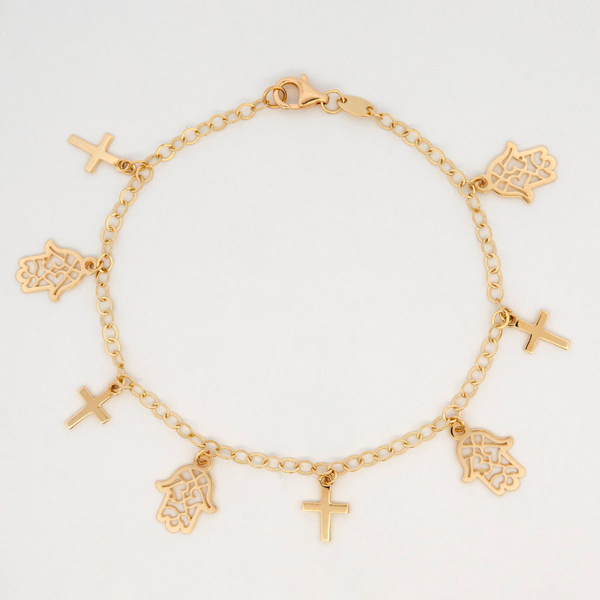 14K Yellow Gold Hamsa and Cross Charm Bracelet