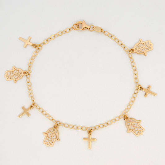 14K Yellow Gold Hamsa and Cross Charm Bracelet