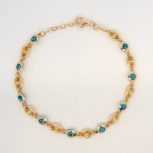 14K Yellow Gold Blue Enamel Evil Eye & Marina Puff Link Station Bracelet