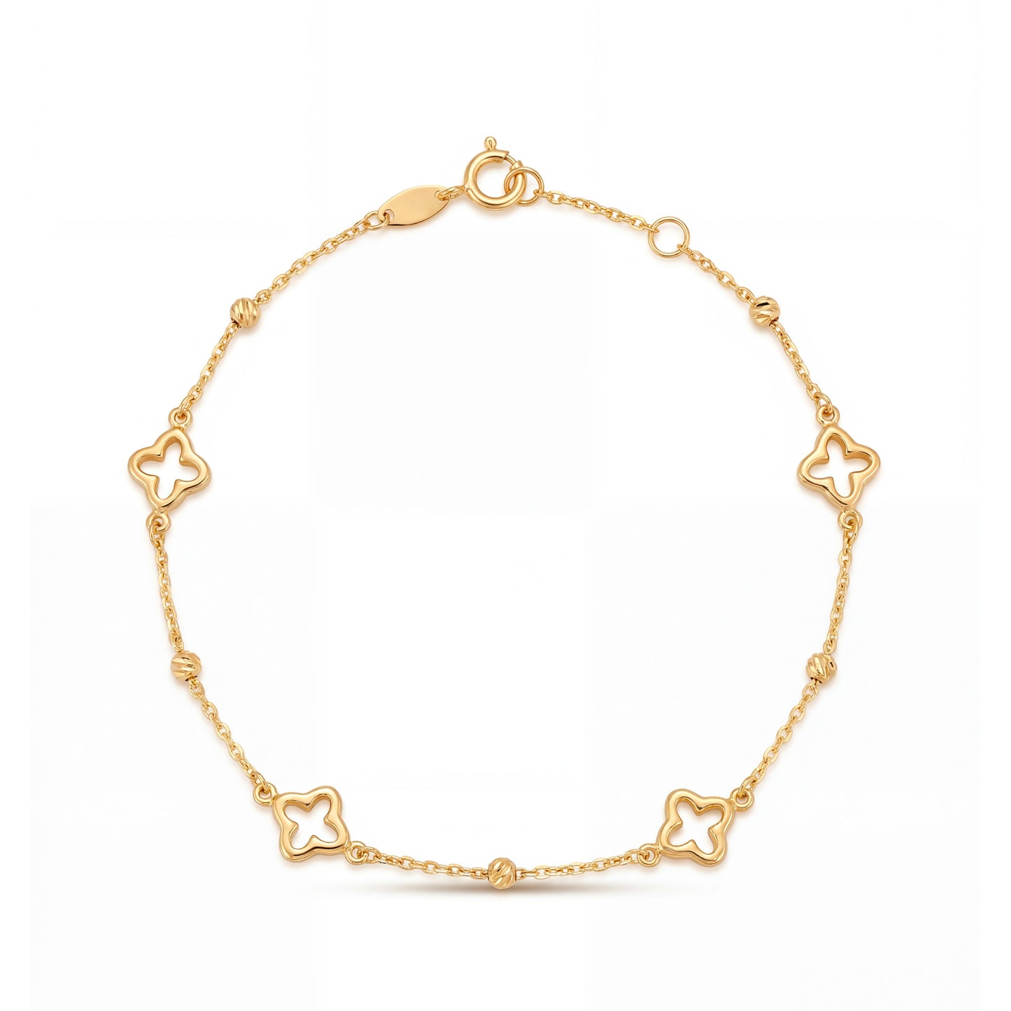 14K Yellow Gold Rhombus Shape Clover Station Bracelet