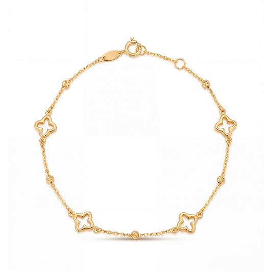 14K Yellow Gold Rhombus Shape Clover Station Bracelet