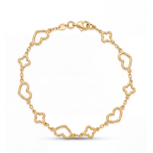14K Yellow Gold Open Hearts and Clovers Bracelet