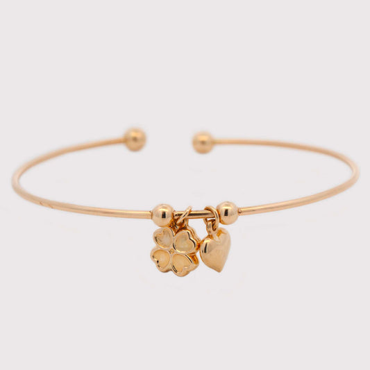 14K Yellow Gold Clover Heart Charm Bangle