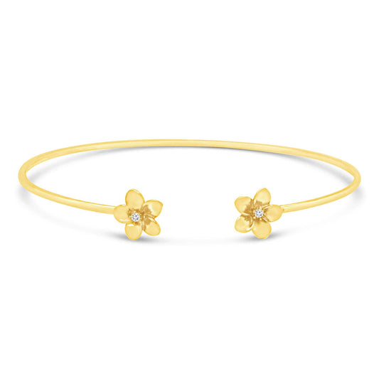 14K Yellow Gold Flower with CZ Accents Open Bangle
