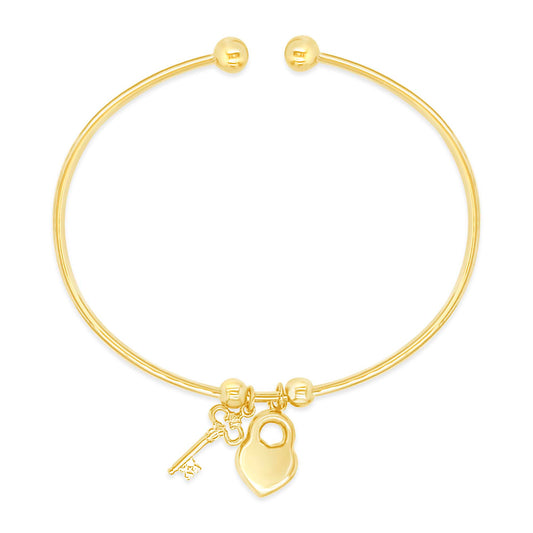 14K Yellow Gold Key and Heart Lock Charm Open Bangle