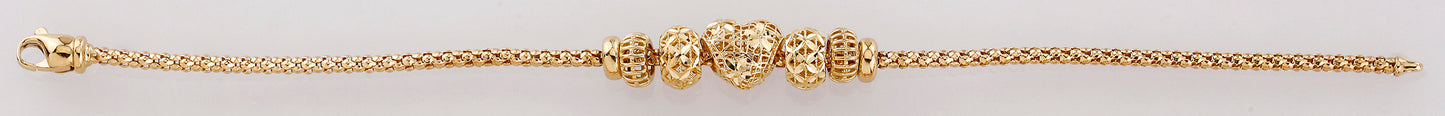 14K Yellow Gold Filigree Heart and Bead Chain Lobster Clasp Bracelet