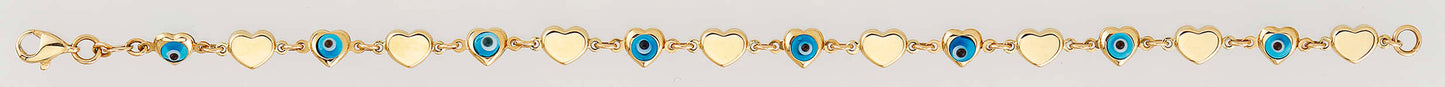 14K Yellow Gold Evil Eye and Heart Station Bracelet