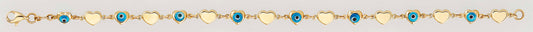 14K Yellow Gold Evil Eye and Heart Station Bracelet