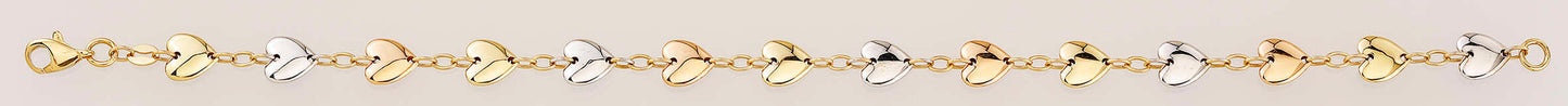 14K Tri-Color Gold Multi-Heart Puffy Station Bracelet