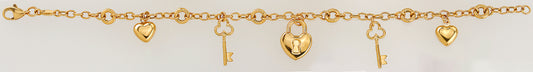 14K Yellow Gold Heart, Key, and Padlock Charm Rolo Bracelet