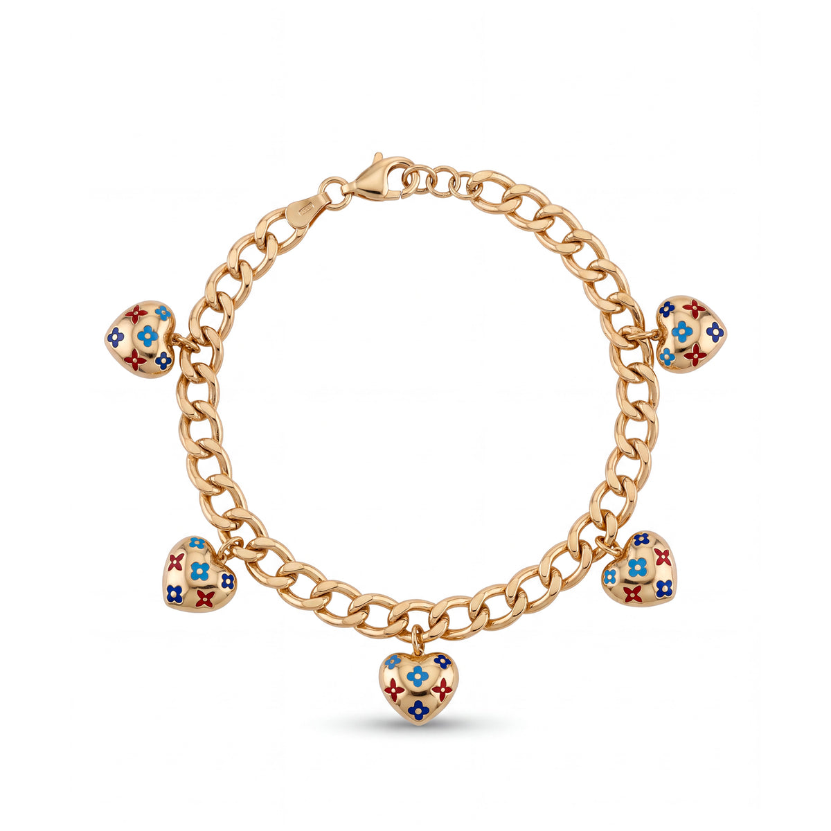 14K Yellow Gold Enamel Clover Heart Charm Curb Chain Bracelet
