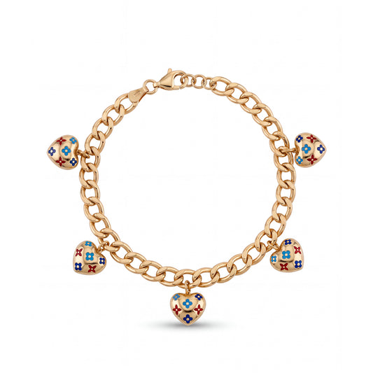 14K Yellow Gold Enamel Clover Heart Charm Curb Chain Bracelet