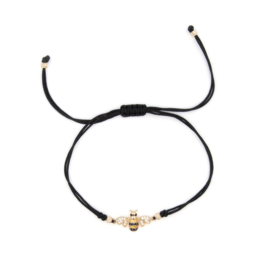 14K Yellow Gold Black String CZ Bee Bracelet