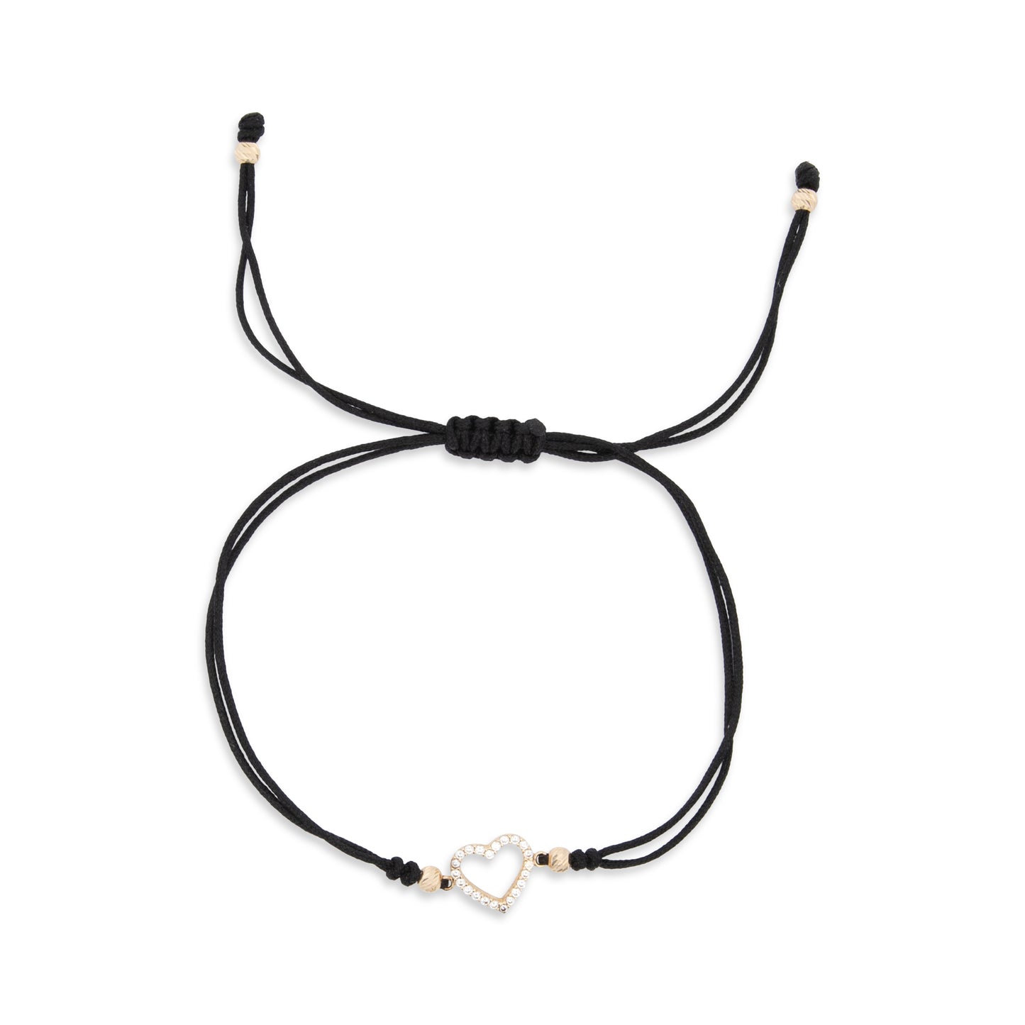 14K Yellow Gold Black String CZ Open Heart Bracelet