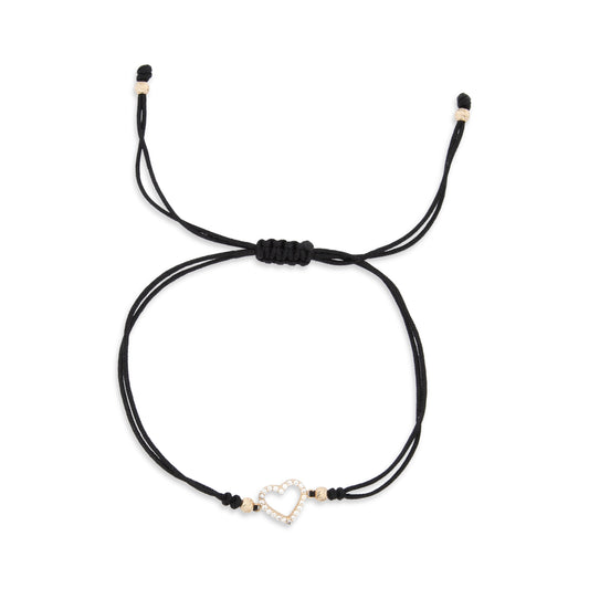 14K Yellow Gold Black String CZ Open Heart Bracelet